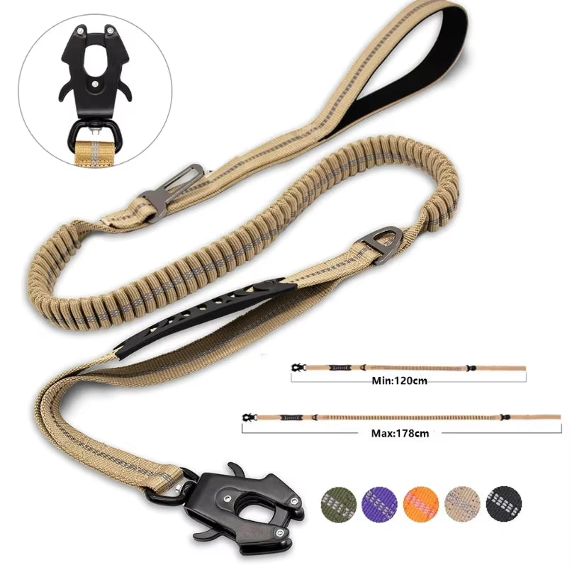 Heavy Duty Reflective Bungee Dog Leash with Car Seatbelt for Large Dogs - No Pull Tactical Design