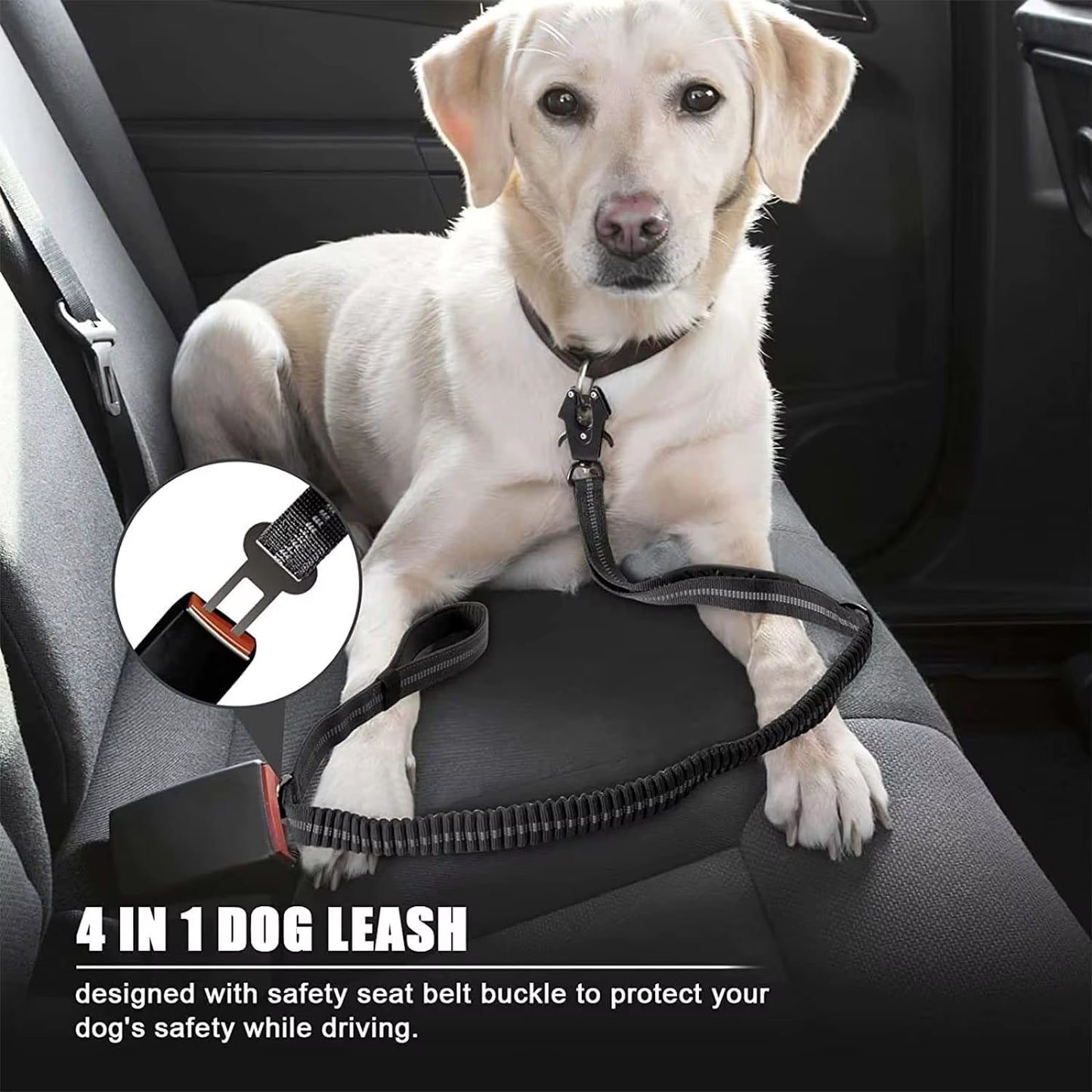 Heavy Duty Reflective Bungee Dog Leash with Car Seatbelt for Large Dogs - No Pull Tactical Design