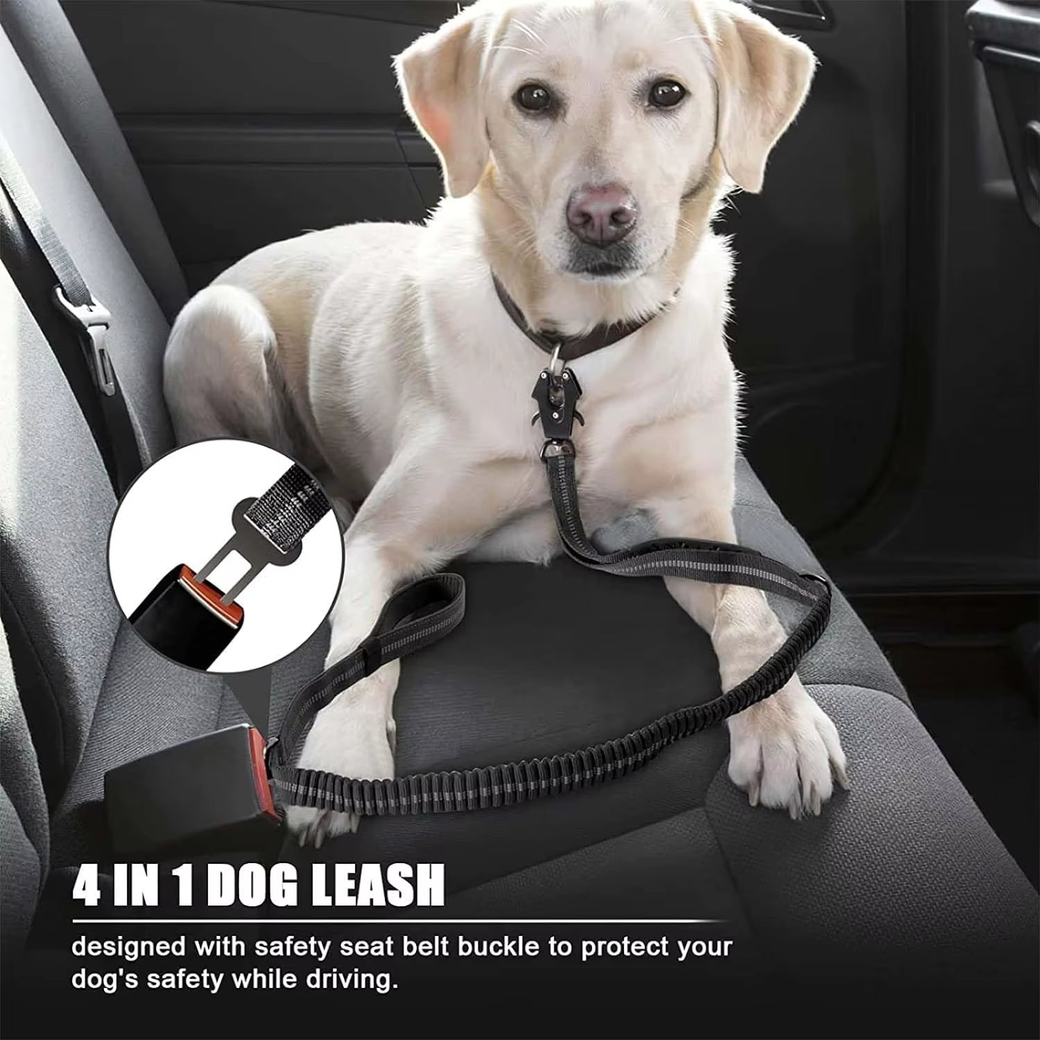 Heavy Duty Reflective Bungee Dog Leash with Car Seatbelt for Large Dogs - No Pull Tactical Design